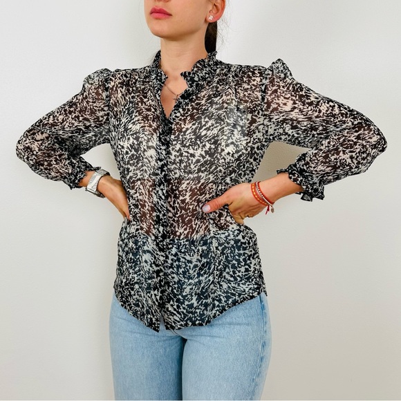 New BA&SH Ruffle-trimmed Animal Print crepon blouse top sheer - Picture 2 of 8